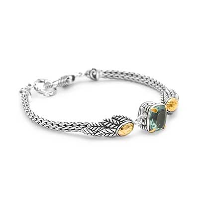 Gold & Silver bracelet, scale dragon chain round 6mm, spring lock with 18K gold hammer motif and white topaz pave stones