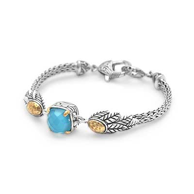 Gold & Silver bracelet, scale dragon chain round 6mm, spring lock with 18K gold hammer motif and white topaz pave stones