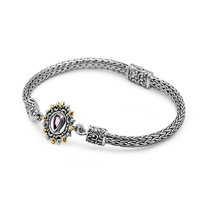 Gold & Silver bracelet, scale dragon chain round 6mm, spring lock with 18K gold hammer motif and white topaz pave stones