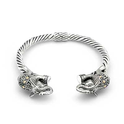 Gold & Silver bracelet, scale dragon chain round 6mm, spring lock with 18K gold hammer motif and white topaz pave stones