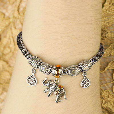 Gold & Silver bracelet, scale dragon chain round 6mm, spring lock with 18K gold hammer motif and white topaz pave stones