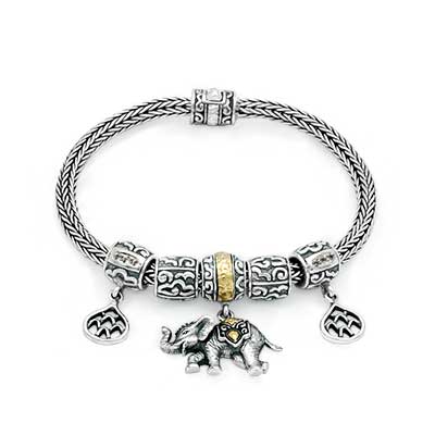 Gold & Silver bracelet, scale dragon chain round 6mm, spring lock with 18K gold hammer motif and white topaz pave stones