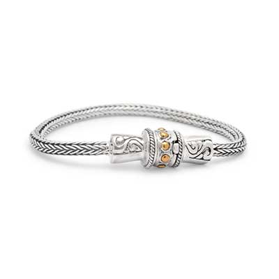 Gold & Silver bracelet, scale dragon chain round 6mm, spring lock with 18K gold hammer motif and white topaz pave stones