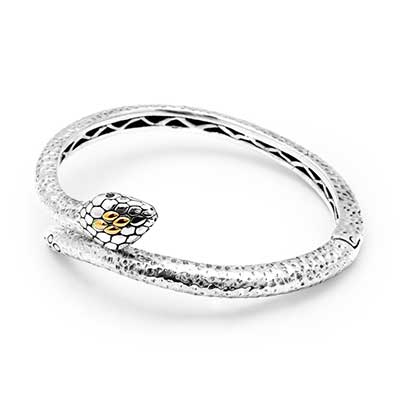 Gold & Silver bracelet, scale dragon chain round 6mm, spring lock with 18K gold hammer motif and white topaz pave stones