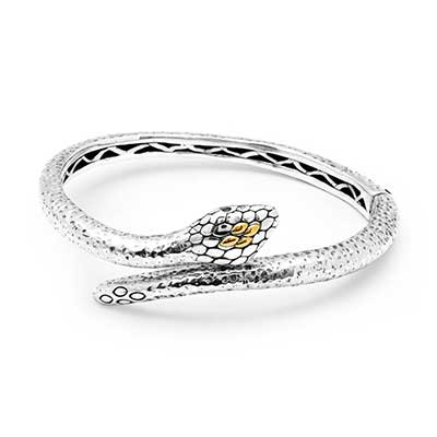 Gold & Silver bracelet, scale dragon chain round 6mm, spring lock with 18K gold hammer motif and white topaz pave stones