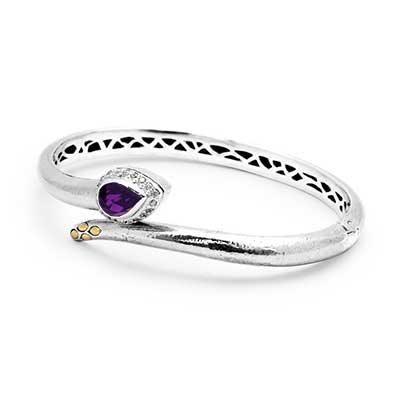 Gold & Silver bracelet, scale dragon chain round 6mm, spring lock with 18K gold hammer motif and white topaz pave stones