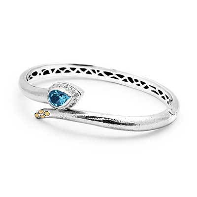 Gold & Silver bracelet, scale dragon chain round 6mm, spring lock with 18K gold hammer motif and white topaz pave stones