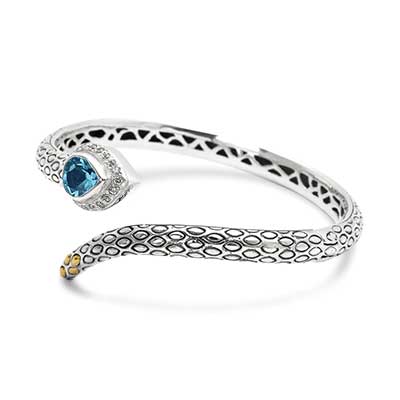 Gold & Silver bracelet, scale dragon chain round 6mm, spring lock with 18K gold hammer motif and white topaz pave stones