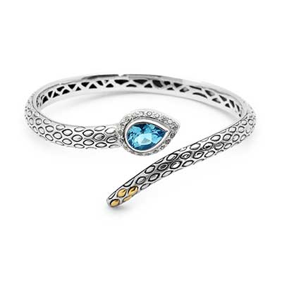 Gold & Silver bracelet, scale dragon chain round 6mm, spring lock with 18K gold hammer motif and white topaz pave stones