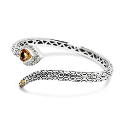 Gold & Silver bracelet, scale dragon chain round 6mm, spring lock with 18K gold hammer motif and white topaz pave stones