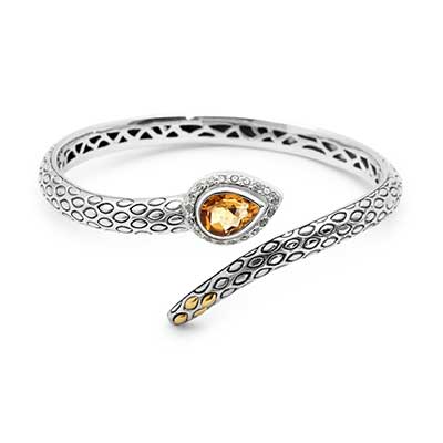 Gold & Silver bracelet, scale dragon chain round 6mm, spring lock with 18K gold hammer motif and white topaz pave stones