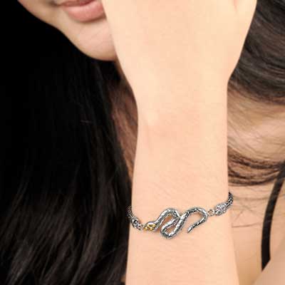 Gold & Silver bracelet, scale dragon chain round 6mm, spring lock with 18K gold hammer motif and white topaz pave stones