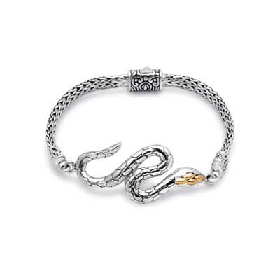 Gold & Silver bracelet, scale dragon chain round 6mm, spring lock with 18K gold hammer motif and white topaz pave stones