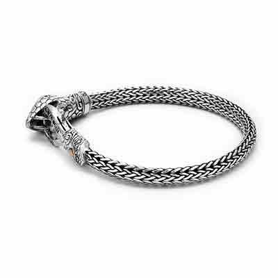 Gold & Silver bracelet, scale dragon chain round 6mm, spring lock with 18K gold hammer motif and white topaz pave stones