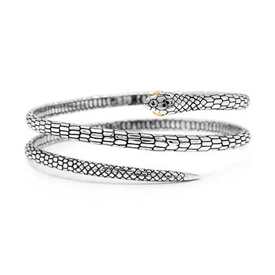 Gold & Silver bracelet, scale dragon chain round 6mm, spring lock with 18K gold hammer motif and white topaz pave stones