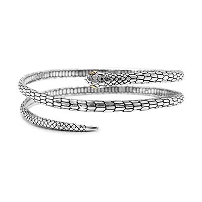 Gold & Silver bracelet, scale dragon chain round 6mm, spring lock with 18K gold hammer motif and white topaz pave stones