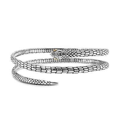 Gold & Silver bracelet, scale dragon chain round 6mm, spring lock with 18K gold hammer motif and white topaz pave stones