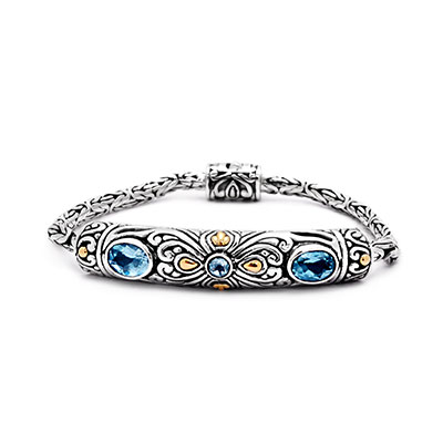 Gold & Silver bracelet, scale dragon chain round 6mm, spring lock with 18K gold hammer motif and white topaz pave stones