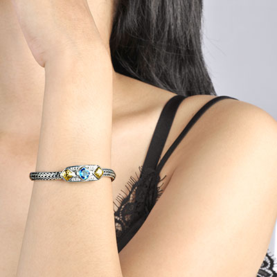 Gold & Silver bracelet, Blue Topaz sky cushion 8mm, white topaz pave, chain oval 4x6 mm