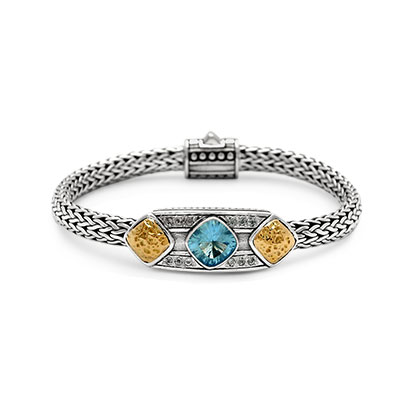 Gold & Silver bracelet, Blue Topaz sky cushion 8mm, white topaz pave, chain oval 4x6 mm