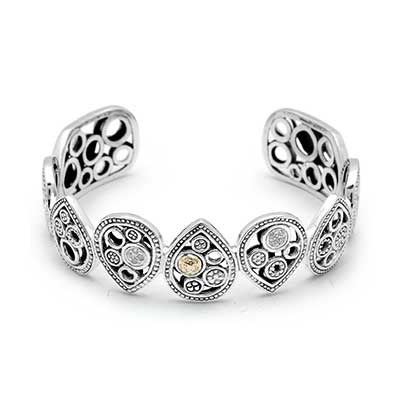 Gold & Silver bracelet, scale dragon chain round 6mm, spring lock with 18K gold hammer motif and white topaz pave stones