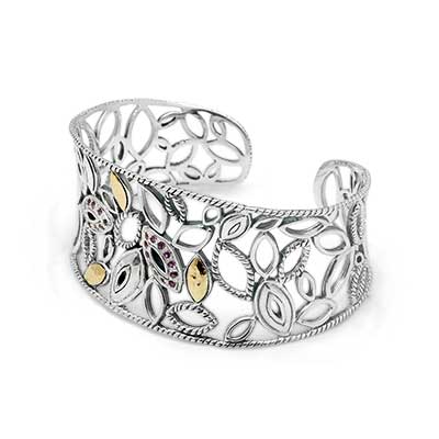 Gold & Silver bracelet, scale dragon chain round 6mm, spring lock with 18K gold hammer motif and white topaz pave stones