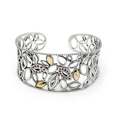 Gold & Silver bracelet, scale dragon chain round 6mm, spring lock with 18K gold hammer motif and white topaz pave stones
