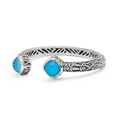 Gold & Silver bracelet, scale dragon chain round 6mm, spring lock with 18K gold hammer motif and white topaz pave stones