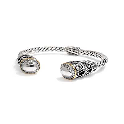 Gold & Silver cable bangle, White Topaz pave