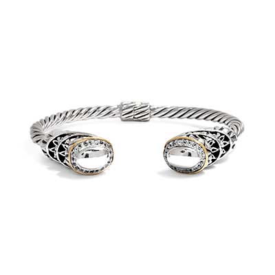 Gold & Silver cable bangle, White Topaz pave
