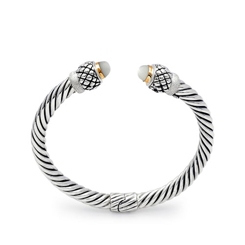 Gold & Silver bracelet, scale dragon chain round 6mm, spring lock with 18K gold hammer motif and white topaz pave stones