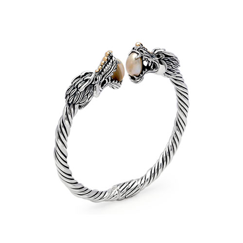 Gold & Silver cable bangle, dragon head with Black Sapphire eyes and Mabe oval 8x10