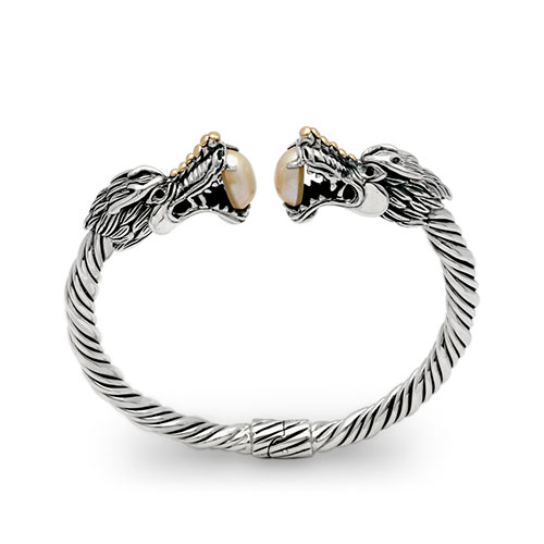 Gold & Silver cable bangle, dragon head with Black Sapphire eyes and Mabe oval 8x10