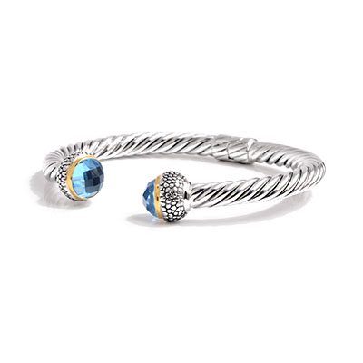Gold & Silver cable cuff, Blue quartz top checkerboard round 10, 18K gold bezel