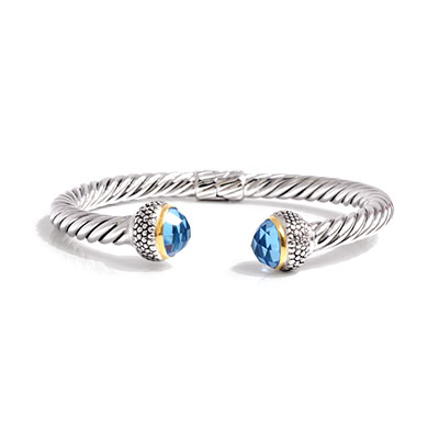 Gold & Silver cable cuff, Blue quartz top checkerboard round 10, 18K gold bezel