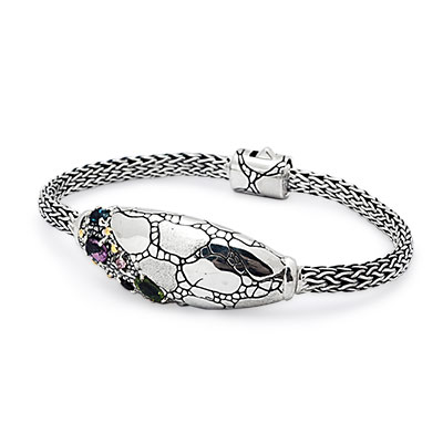 Gold & Silver bracelet, scale dragon chain round 6mm, spring lock with 18K gold hammer motif and white topaz pave stones