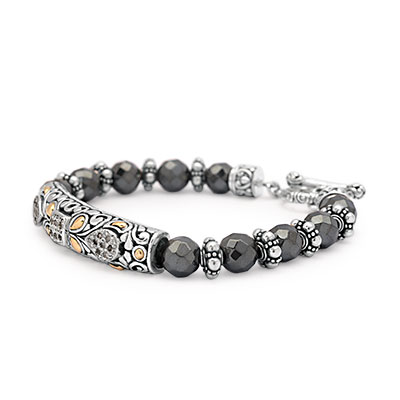 Gold & Silver bracelet, scale dragon chain round 6mm, spring lock with 18K gold hammer motif and white topaz pave stones