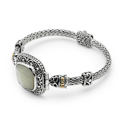 Gold & Silver bracelet, scale dragon chain round 6mm, spring lock with 18K gold hammer motif and white topaz pave stones
