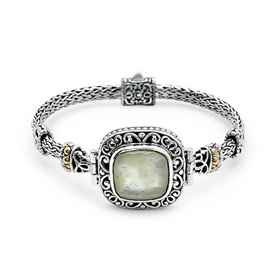 Gold & Silver bracelet, scale dragon chain round 6mm, spring lock with 18K gold hammer motif and white topaz pave stones