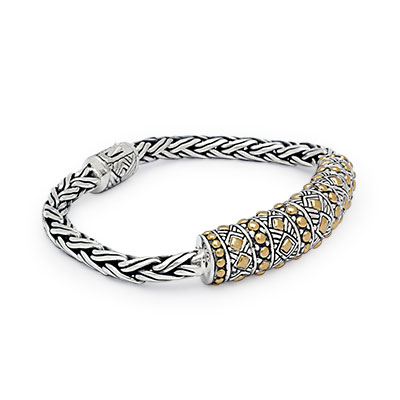 Gold and silver bracelet with braided wheat chain 5 mm and spring lock, Balinese Woven motif