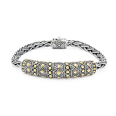 Gold and silver bracelet with braided wheat chain 5 mm and spring lock, Balinese Woven motif