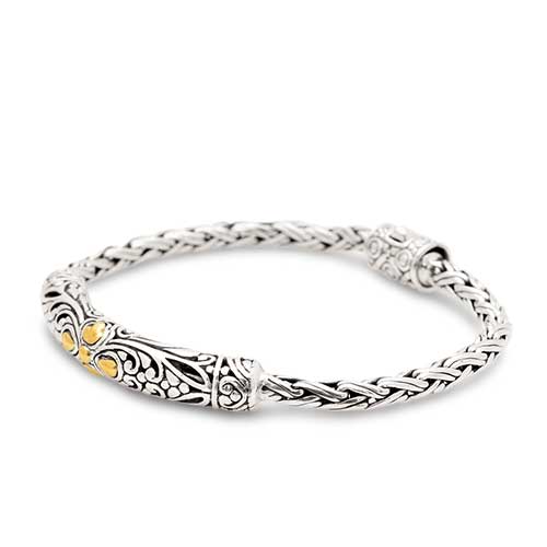Gold & Silver bracelet, scale dragon chain round 6mm, spring lock with 18K gold hammer motif and white topaz pave stones