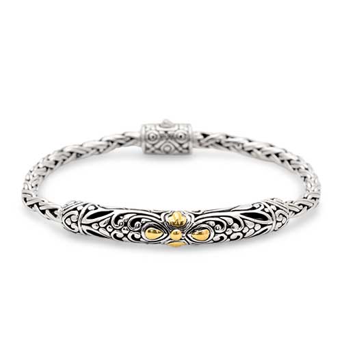 Gold & Silver bracelet, scale dragon chain round 6mm, spring lock with 18K gold hammer motif and white topaz pave stones