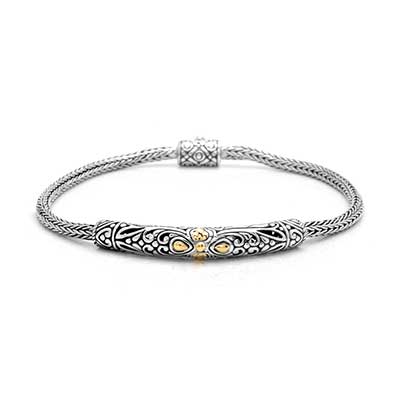 Gold & Silver bracelet, scale dragon chain round 6mm, spring lock with 18K gold hammer motif and white topaz pave stones
