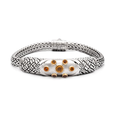 Gold and silver bracelet, chain 4x6, spring lock. Bedeg Colelction, Set with Citrine