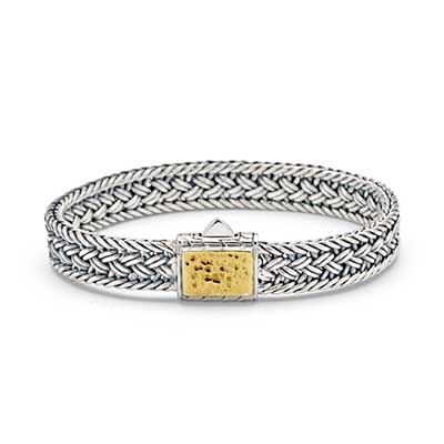 Gold & Silver bracelet, scale dragon chain round 6mm, spring lock with 18K gold hammer motif and white topaz pave stones
