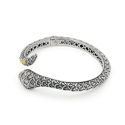 Gold & Silver bracelet, scale dragon chain round 6mm, spring lock with 18K gold hammer motif and white topaz pave stones