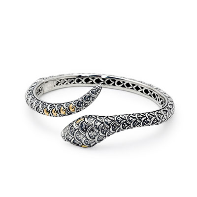 Gold & Silver bracelet, scale dragon chain round 6mm, spring lock with 18K gold hammer motif and white topaz pave stones