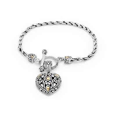 Gold & Silver bracelet, scale dragon chain round 6mm, spring lock with 18K gold hammer motif and white topaz pave stones