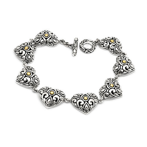 Gold & Silver bracelet, scale dragon chain round 6mm, spring lock with 18K gold hammer motif and white topaz pave stones